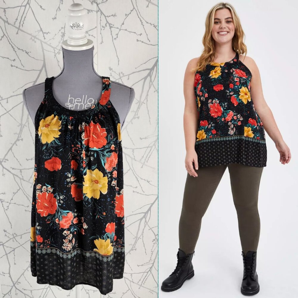 Torrid Black Floral Printed Round Neck Halter Goddess Tank